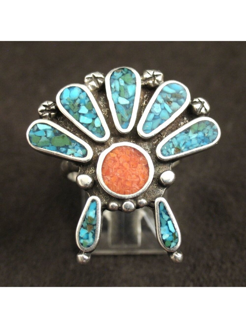 Vtg Sterling Silver Inlaid Turquoise Coral Headdress Ring Size 6 Southwestern